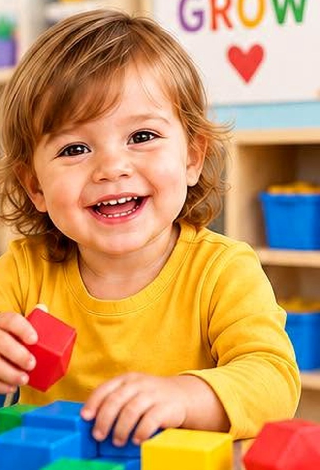 A young child exploring colorful building blocks in a classroom